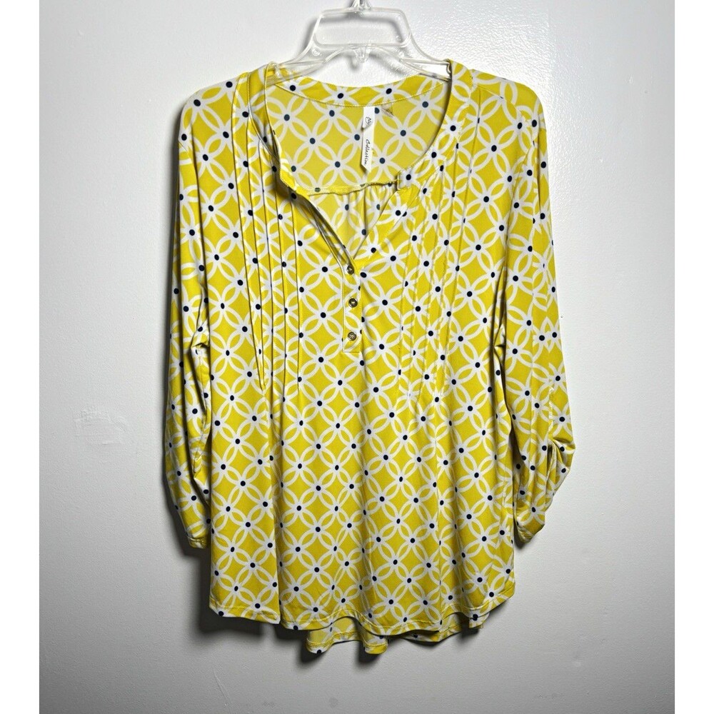 M Collection Women's XL Yellow/White/Blue Geometric V-Neck Long Sleeve Blouse